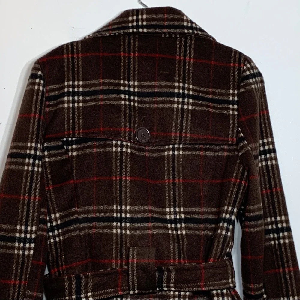 Brown Plaid Wool Blend Double Breasted Peacoat Winter Trench Coat Small